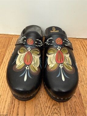 NEW Ugglebo Painted Black Wooden Leather Clogs Handmade Sz 7.5